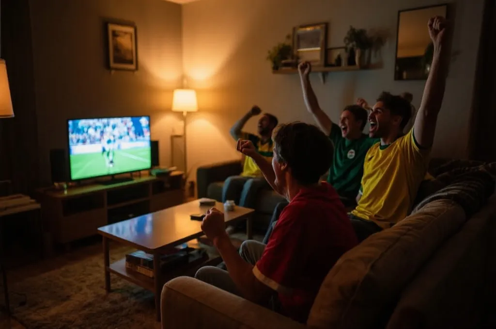 球迷在客厅看电视庆祝胜利