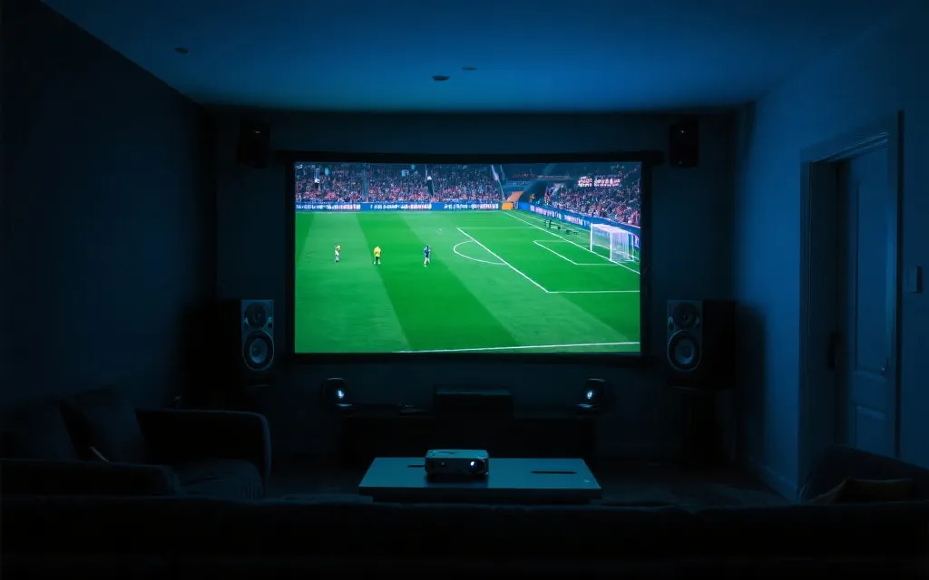 投影观赛：幕布上清晰的足球比赛画面，暗光客厅，环绕音响氛围
