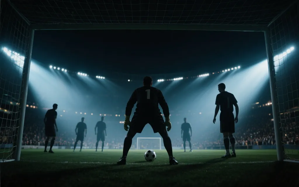 淘汰赛夜晚球场氛围与点球大战剪影感画面